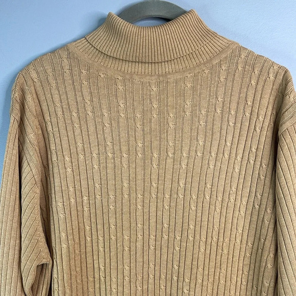 VINTAGE 90s Gloria Vanderbilt Ribbed Cable-knit Turtleneck Sweater Camel Tan XL - Picture 3 of 10